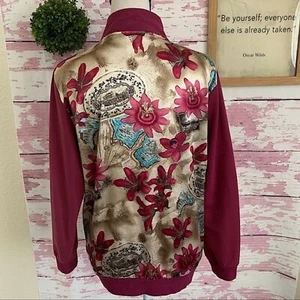 MAGGIE SWEET Burgundy Floral Zip Track Jacket Small Casual Streetwear Statement - Picture 1 of 7