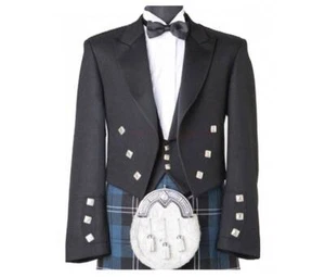 Chaqueta escocesa Príncipe Charlie con chaleco de 3 botones boda chaqueta falda escocesa negra - Imagen 1 de 5