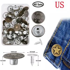 40 Set Metal Denim Jeans Tack Snap Buttons Rivets for Repair Replacement+Box Kit - Picture 1 of 17