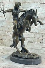 100% Bronze Statue Lg Remington bronze cowboy w/Horse Sculpture BRONCO Figurine