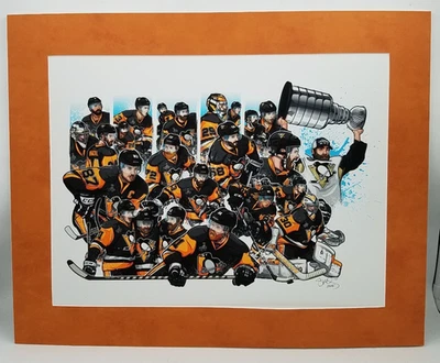 Autógrafo Sidney Crosby Auto Team Art Pittsburgh Penguins 2016 Champs 21"x 16" Foto 1 de 4