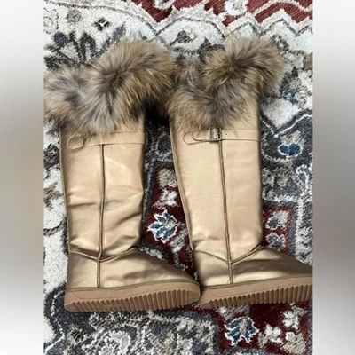 Women's Tan Metallic Knee High Genuine Fur/Feathers Boots Brand New Luxury - Image 1 of 4