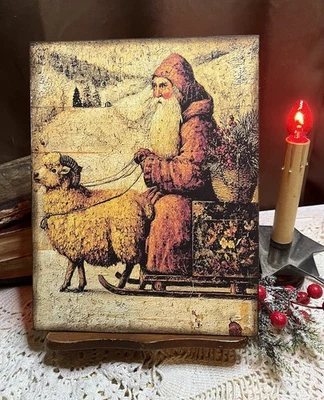 Rustic Santa,  Sheep, Old Fashioned Christmas, Handcrafted Plaque / Sign #1 - Image 1 of 3
