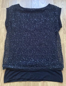 Mint Velvet Gothic Black Top UK size 8 Short Sleeved Crochet & Sequin Overlay - Picture 1 of 9