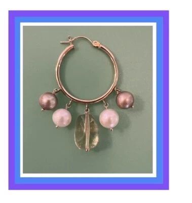 Ross-Simons 14Kt Gold White & Champagne Pearls & Citrine Stones Hoop Earrings - Image 1 of 4