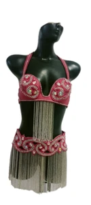 Egyptian Belly Dance Costume bra & Belt Set Professional Dancing Red & Silver - Picture 1 of 7