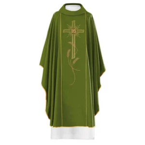 Green Embroidered Priest Gothic Chasuble Vestment & Stole With Cross & Wheat - Foto 1 di 3