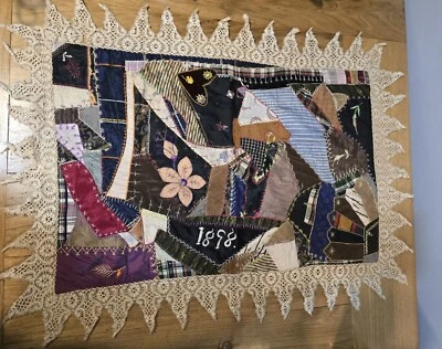 Antique Crazy Quilt Panel W/ Lace Early American Folk Art Circa 1898 Handsewn - Image 1 of 4