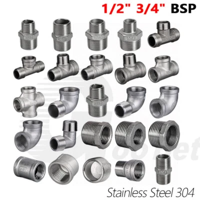 1/2" 3/4" BSP Threaded Stainless Steel Pipe Fittings Nipple Elbow Tee Socket 304 - Image 1 of 4