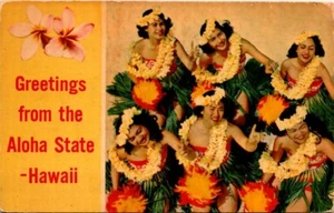 Chrome Postcard Greetings from Hawaii Hula Girls Ray Helbig's Hawaiian Service - Picture 1 of 2