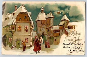Postcard German Happy New Year Snowy Village "Gluckliches Neues Jahr" - Picture 1 of 3