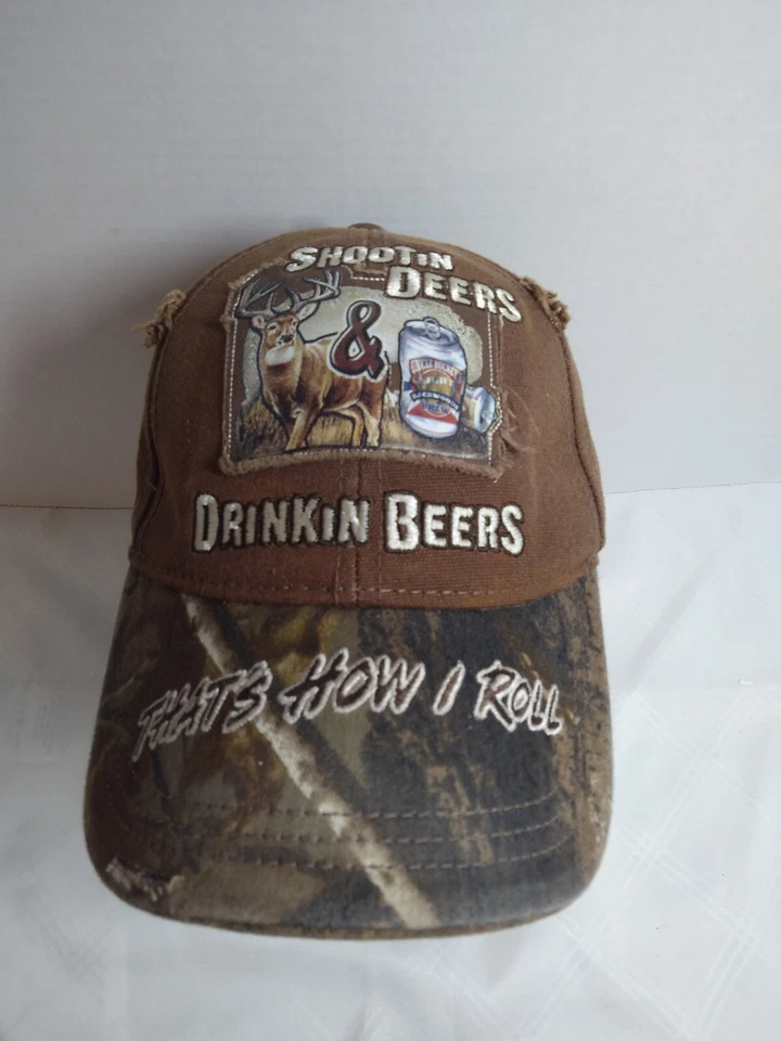Shootin Deers Drinkin Beers Baseball Hat Cap Brown Camo Deer Hunting Strapback - Image 1 of 4