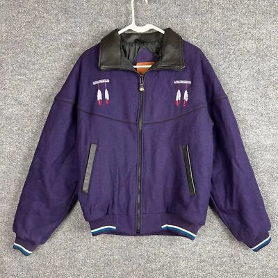 Chaqueta de lana con cuello de cuero Midwest Garment Co. bordada pluma azteca vintage Foto 1 de 4