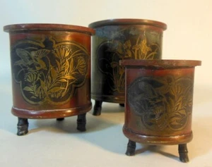 RARE Antique Set 3 Chinese Japanese Bronze Vases Brush Pots Gold? Inlaid Birds - Picture 1 of 12