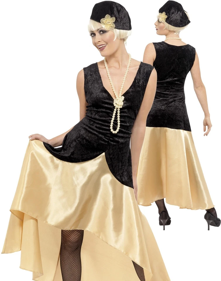 1920's Gatsby Girl Roaring 20's 3Pc Gd/Blk Costume Dress W/ Cloche Hat & Beads  - Image 1 of 1