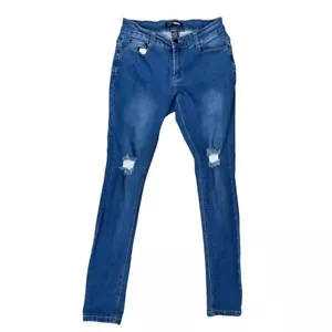 Fashion Nova Women's 7/8 Blue Distressed Ripped Skinny Jeans Mid Rise Denim - Picture 1 of 8