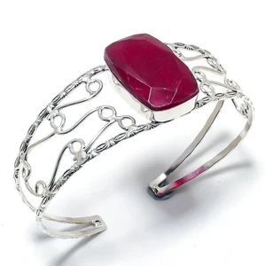 Red Simulated Gemstone Handmade 925 Sterling Silver Cuff Bracelet Adjustable - Picture 1 of 5