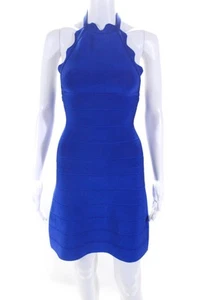 Herve Leger Womens Open Back Scalloped Halter Mini Stretch Dress Blue Size 2XS - Picture 1 of 9