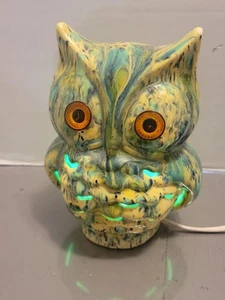 Vintage Tie Dye Green Blue Drip Glaze Ceramic Owl Night Light 70s Mod Hippie - Picture 1 of 19