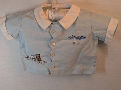 Vintage Newborn 60s Baby Blue button up shirt Embroidered  - Image 1 of 4