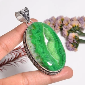 Grün Botswana Achat Druzy Quarz Edelstein Handmade 925 Silber Anhänger 2.8 " 31 - Bild 1 von 5