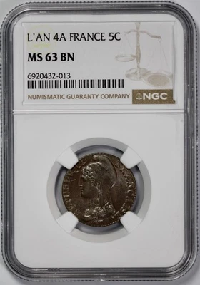 L'AN 4A 1795 France 5c Centimes NGC MS 63 BN Brown - Image 1 of 4