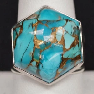 DESERT ROSE TRADING DRT Copper Gold Matrix Turquoise Hexagon Sterling Size 10 - Picture 1 of 5