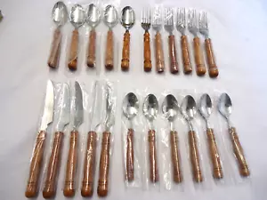 VINTAGE WOOD HANDLE STAINLESS FLATWARE 22-PIECES - Picture 1 of 10