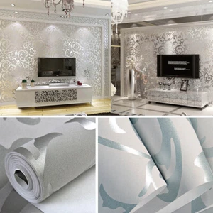 Silver Grey Damask Embossed Metallic Shimmer Textured Wallpaper Backdrop Decor - Picture 1 of 8