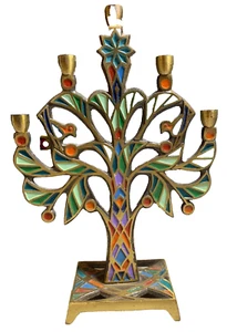 Vintage Terra Sancta Guild 1971 Israele ALBERO o LIFE ottone smaltato 5 candele Menorah - Foto 1 di 15