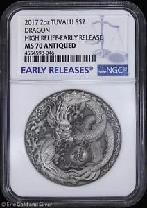 2017 $2 Tuvalu 2 oz Silver High Relief Dragon NGC MS 70 Antiqued | Early Release - Picture 1 of 4
