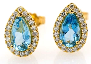 1.00ct Natural Diamond 14k BIS Hallmarked Yellow Gold Blue Topaz Stud Earrings - Picture 1 of 6