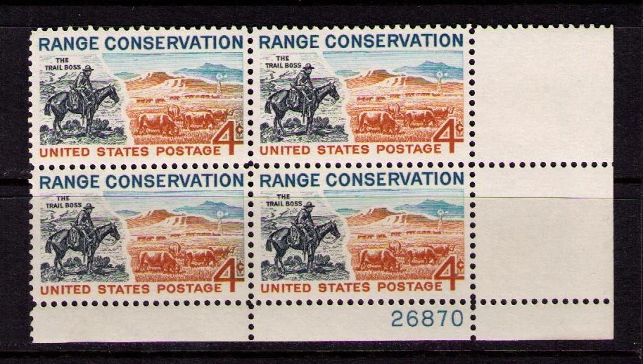 US USA Sc# 1176 MNH FVF PLATE# BLOCK Range Horse Cattle Conservation Mountains - Image 1 of 1