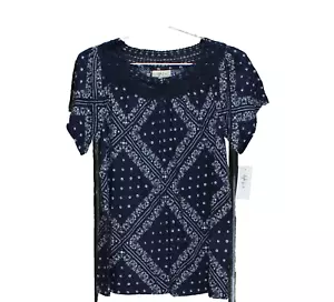 Style & Co Women’s Blue Bandana Blitz Crochet Neck Modern Top Size Small NWT - Picture 1 of 3