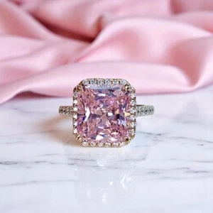 Anillo de boda de diamantes de corte radiante de zafiro rosa 4,40 quilates cultivado en laboratorio platino 950 - Imagen 1 de 12