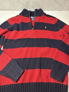 Polo by Ralph Lauren 1/4 Zip Sweater Boys XL 20 Red and Navy Striped Heavy - Picture 1 of 4