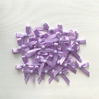 Light Purple Half Pearl Pasted Hand Tied 50 Mini Bows 6mm Stain Ribbon Crafting - Image 1 of 4