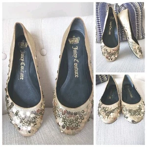 Juicy Couture Anita 8M Gold Metallic Leder Pailletten Flache Ballerine - Bild 1 von 12