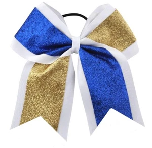 NEW "GLITTER DUO Blue Gold" Cheer Bow Pony Tail 3" Ribbon Girl Hair Cheerleading - Picture 1 of 1