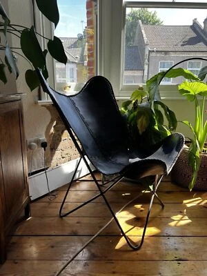 Butterfly Chair Black Real Leather Handmade with Powder Coated Folding Iron Fram - Image 1 of 4