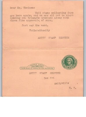 Paid Reply Postal Cards UY6 1911 Green 1¢ George Washington Amity Stamp Service - Image 1 of 2