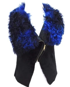 Sheepskin Shearling Fur Leather Black Blue Winter Warm Womens Vest Coat Jacket - Picture 1 of 8