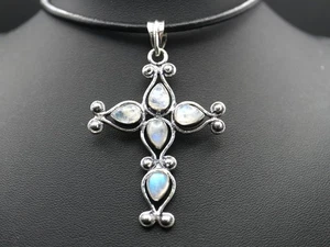GJ69 GW 5x MONDSTEIN TROPFEN KREUZ SILBER-ANHÄNGER +KETTE / LEDER! - Bild 1 von 4