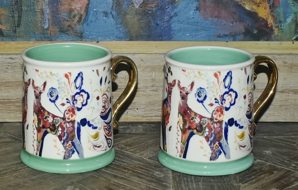 Набор из 2 фольклорных кружек Anthropologie Fawns / Deer Starla Halfmann 12 унций - Изображение 1 из 4