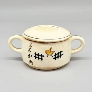 Azúcarero vintage de gres con tapa y asas diseño de pájaro verde crema amarillo - Imagen 1 de 12