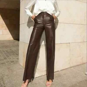 Pantalones de cuero genuino marrón de piel de cordero para mujer calce ajustado motociclista motocicleta pantalón - Imagen 1 de 6