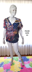 Pause Café Taille 44 Superbe blouse manches courtes bleu rouge jaune tee shirt - Foto 1 di 5