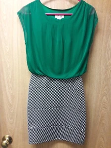 Green with Black-n-White Polka Dot Dress Womans Business Casual - Picture 1 of 5