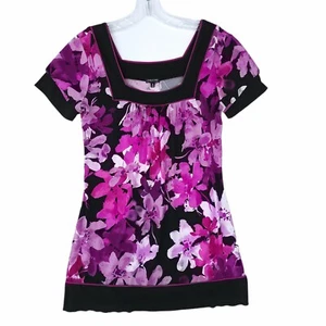 MAURICES Womens Purple & Black Small Floral Square Neck Polyester Blouse  - Picture 1 of 8
