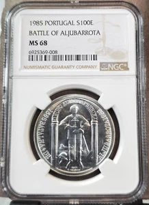 1985 PORTUGAL SILVER 100 ESCUDOS BATTLE OF ALJUBARROTA NGC MS 68 GREAT COIN - Picture 1 of 3